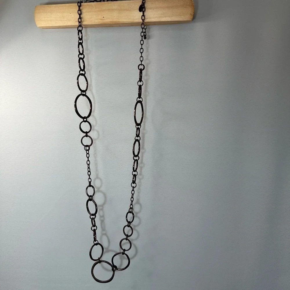Lia Sophia Haute Long Bold Ring Link Chain Necklace Gunmetal Bronze Finish Boho